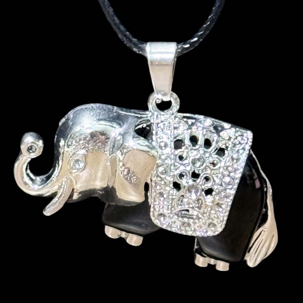Obsidian Traveling Elephant Pendant Black Cord Necklace - Picture 4 of 4